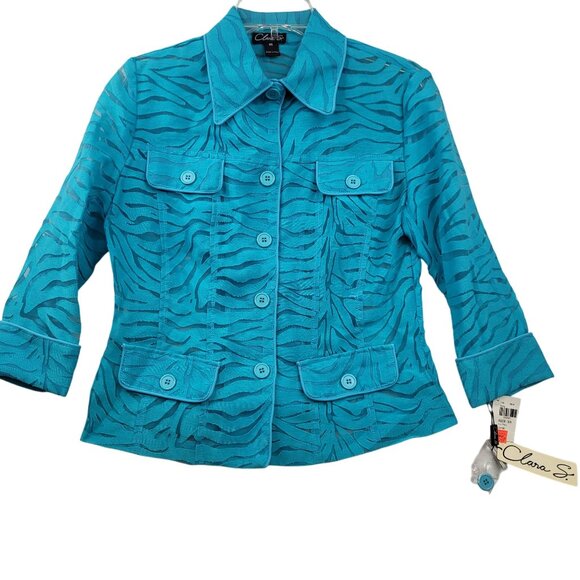Clara S. Womens Semi Sheer Zebra Pattern Turquoise Jacket XS Poly Cotton - Picture 1 of 11